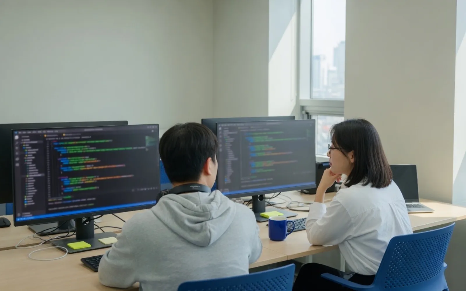 나란히 앉아 코드 리뷰하는 개발자 둘