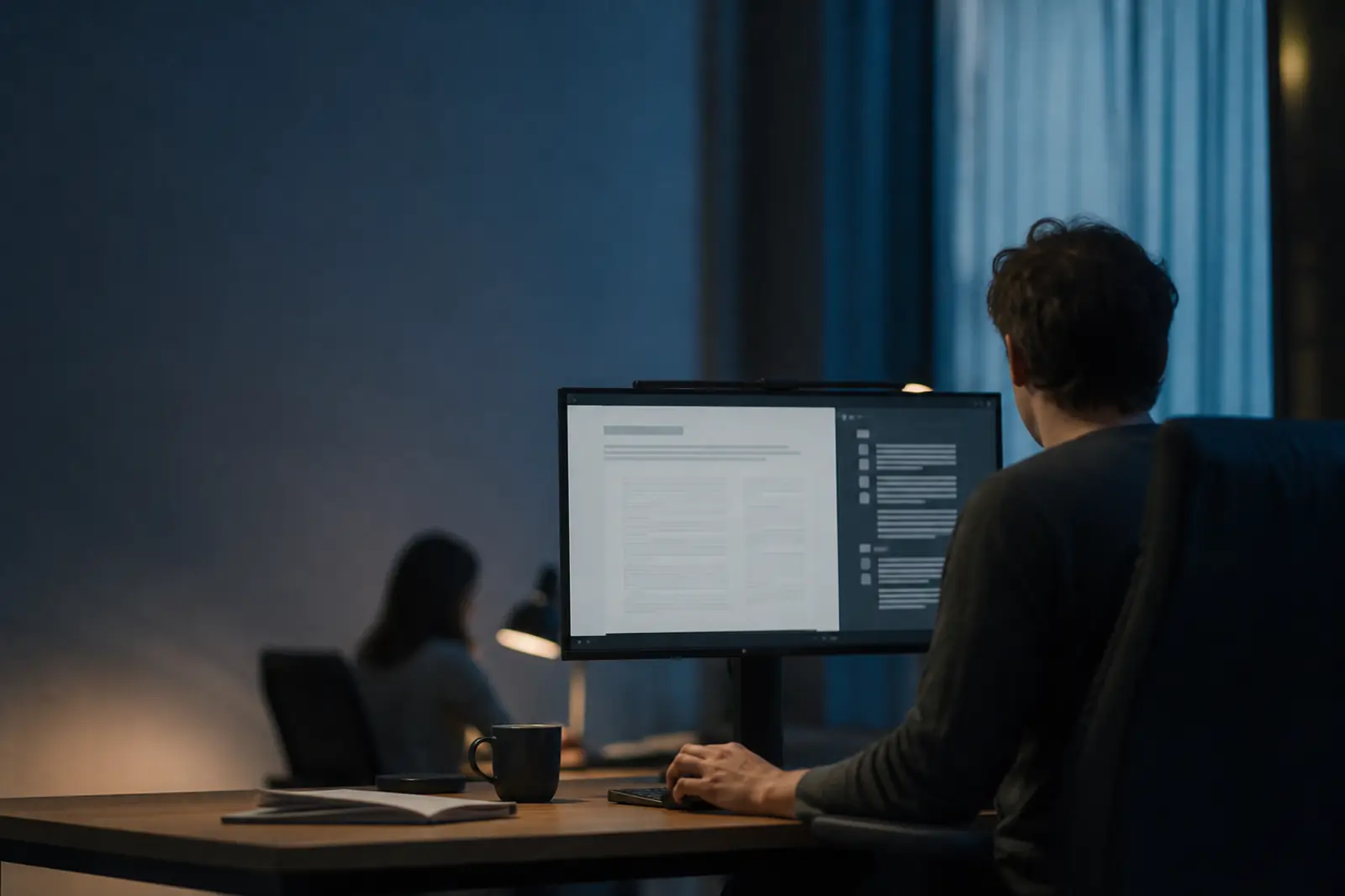 A team working through the night beside AI assistant panels and dashboards on large screens