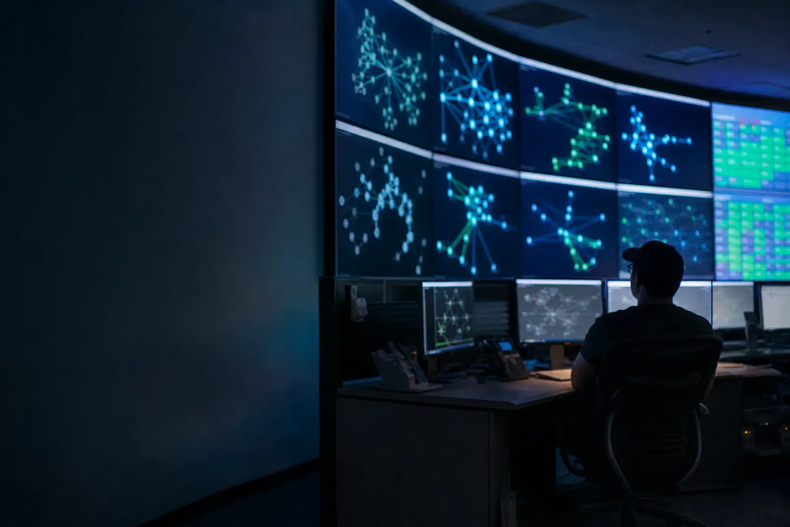 Status boards on the wall of a night-shift operations room