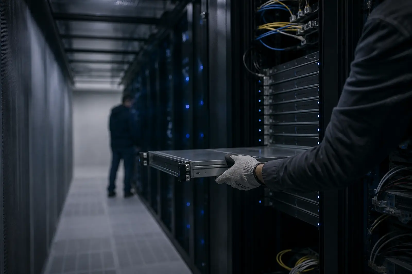 An engineer sliding a rack server into a data centre cabinet