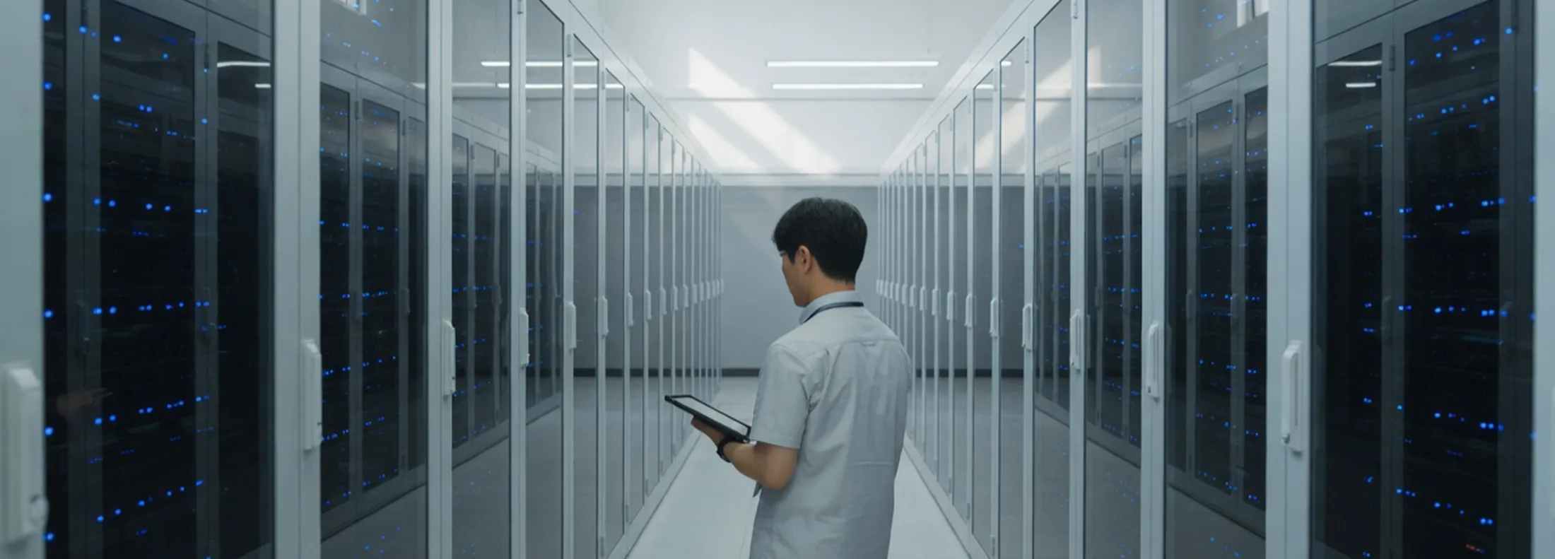 An engineer checking server rack status on a tablet in a bright data center aisle